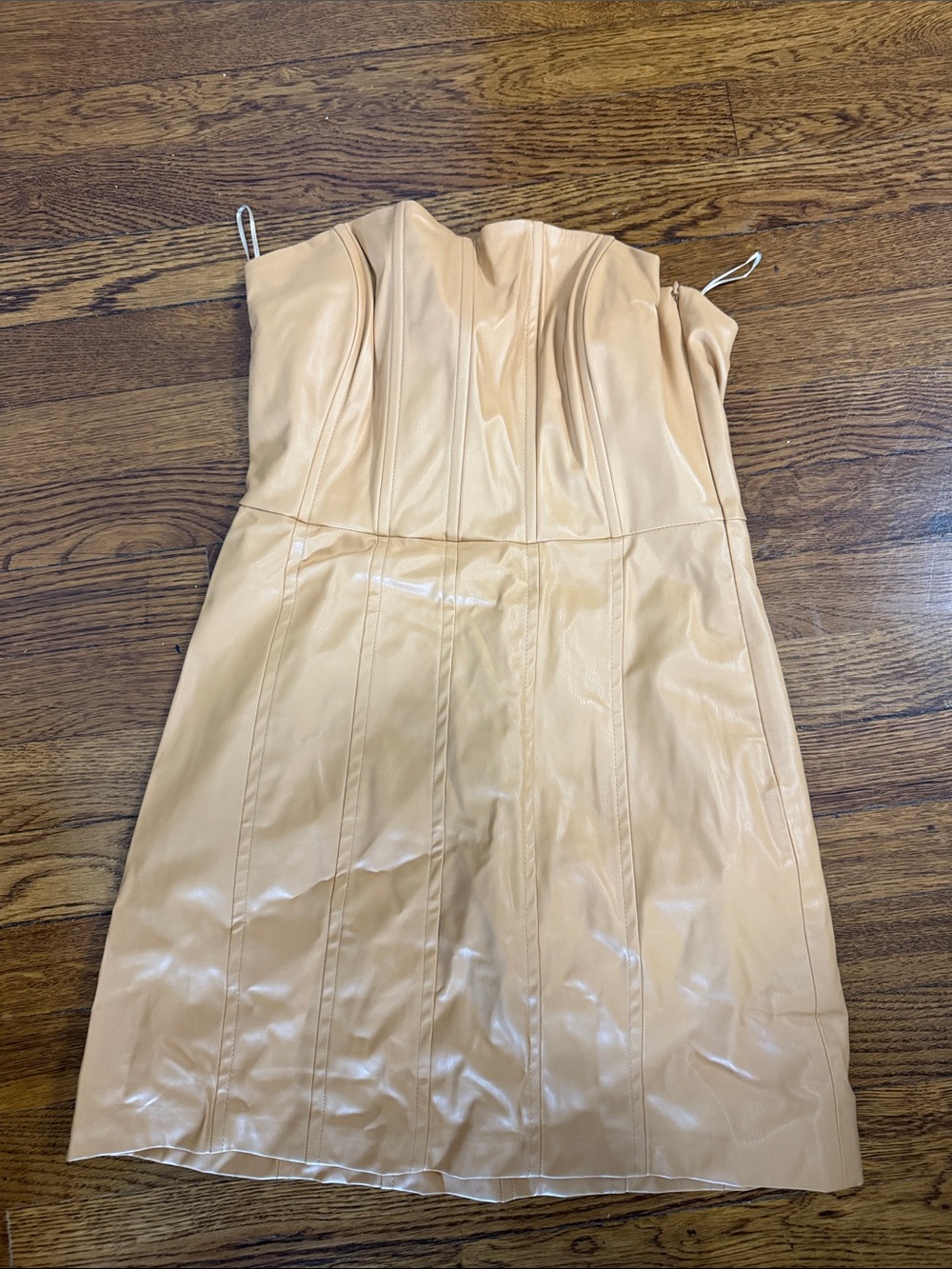 Strapless Vegan Leather Mini Dress in Mustard Yellow